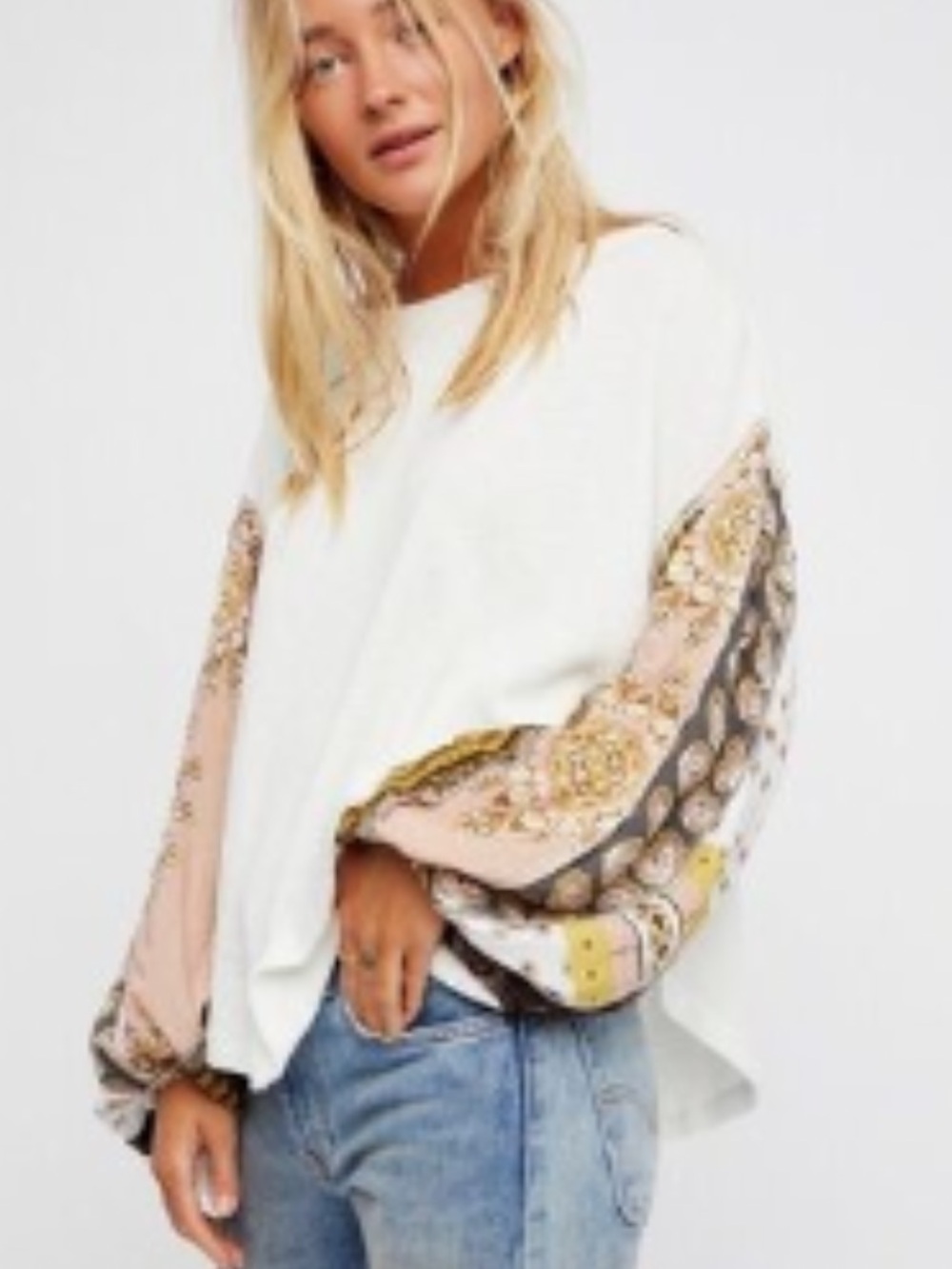 Free People Waffle Knit Silky Boho Print Long Sleeve Top White
